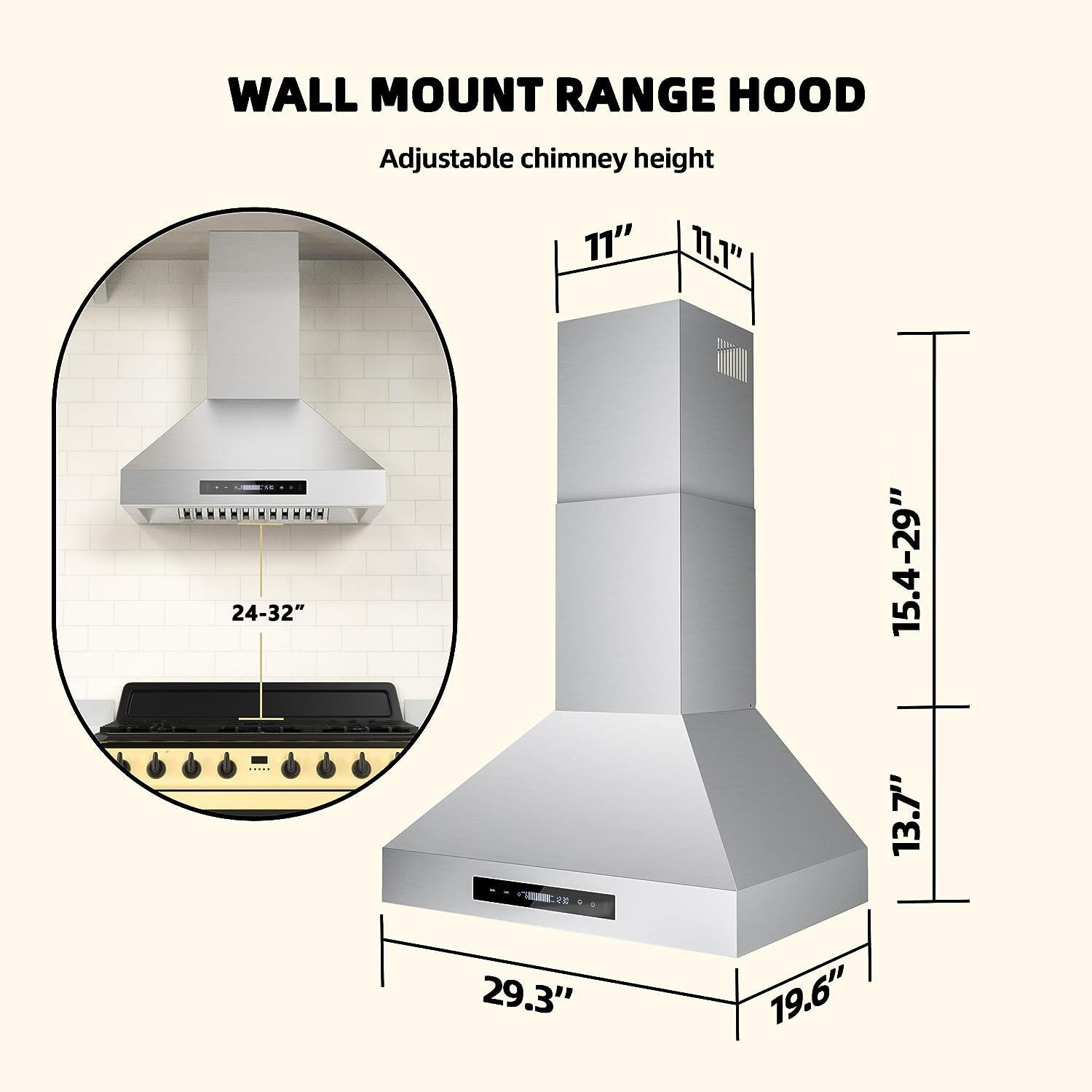 30 inch Kitchen Range Hood Wall Mount 900CFM Stainless Steel Vent Touch Control