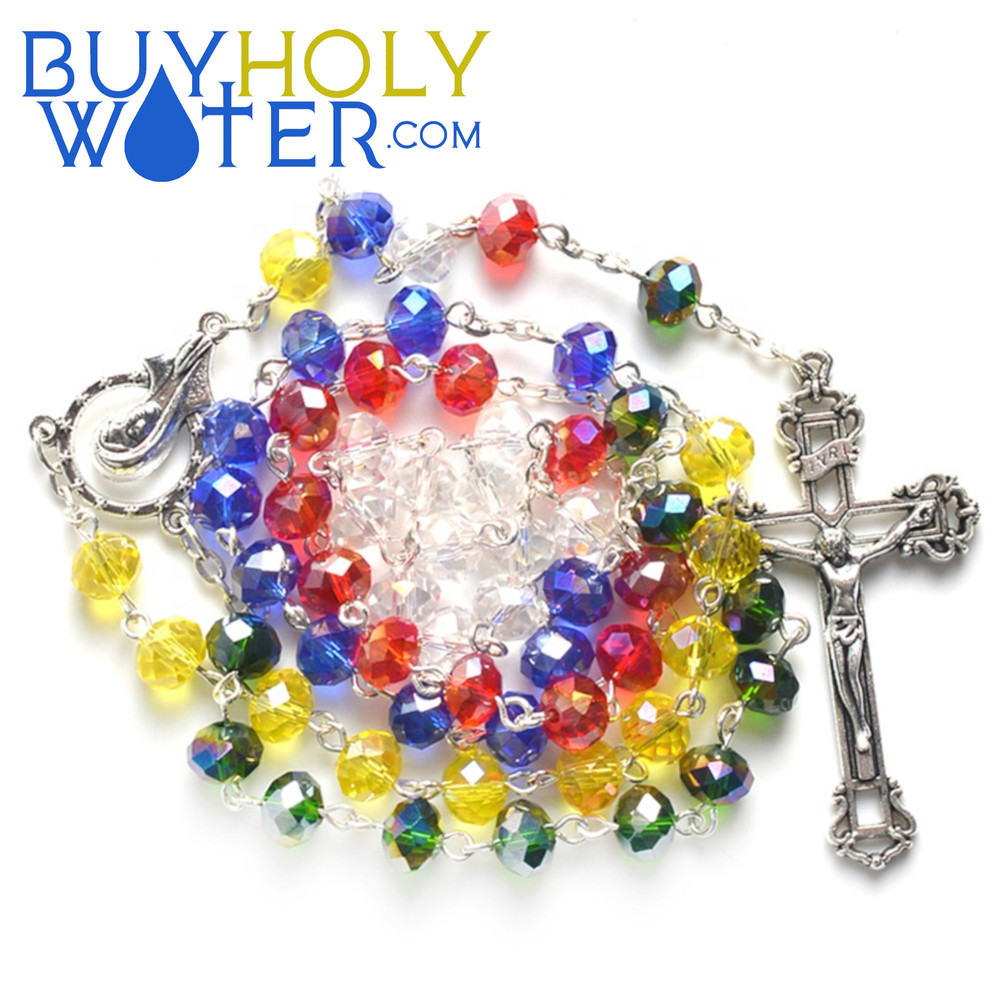 Blessed Unity Rainbow Crystal Rosary Beads Religious Necklace Crucifix Jesus•