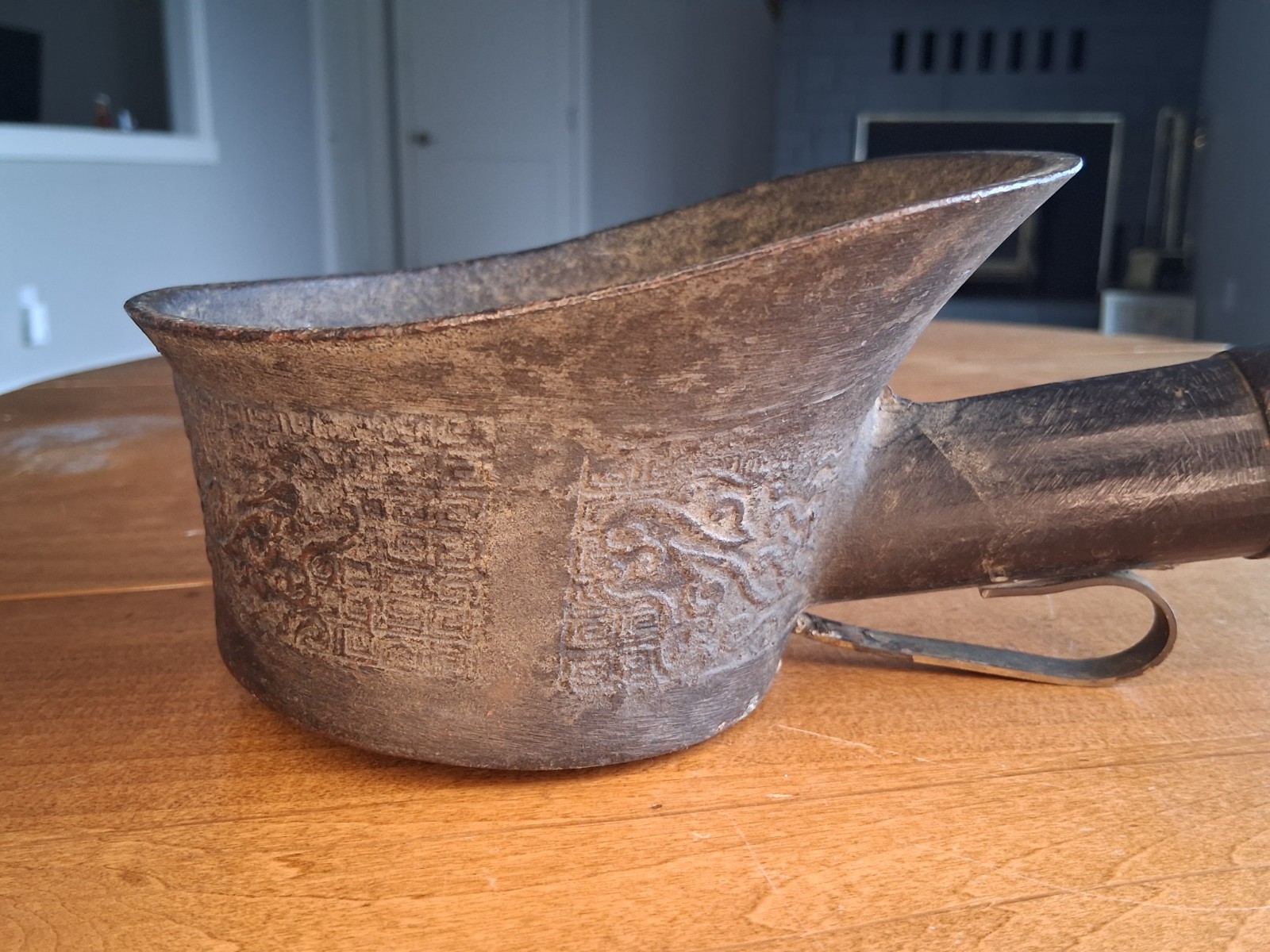 Antique 12" Big Chinese Bronze Silk Iron w/ Carved Cinnabar Handle, Hole Shown