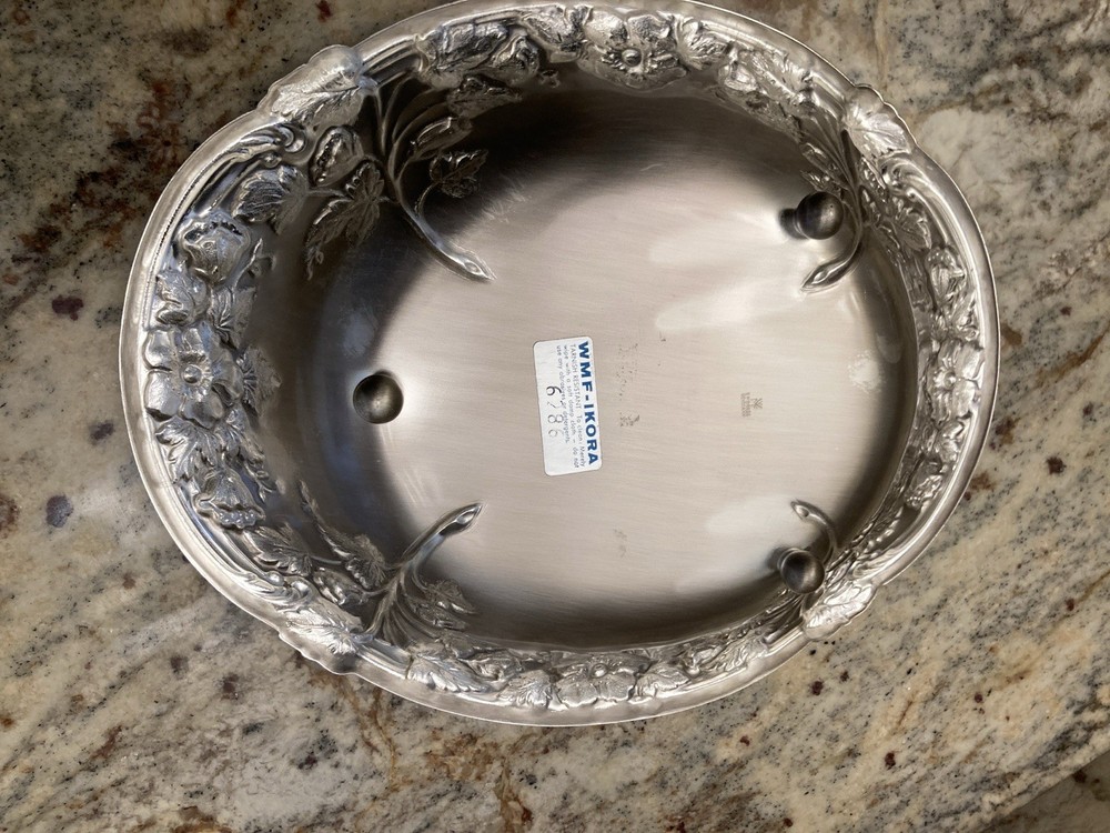 Vintage WMF Ikora Germany Floral Pattern Silver Plate Footed Oval Bowl 6286