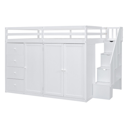 Solid Wood Loft Bed w/ Desk Wardrobe Storage Cabinet Stairs Full Size Bed Frames