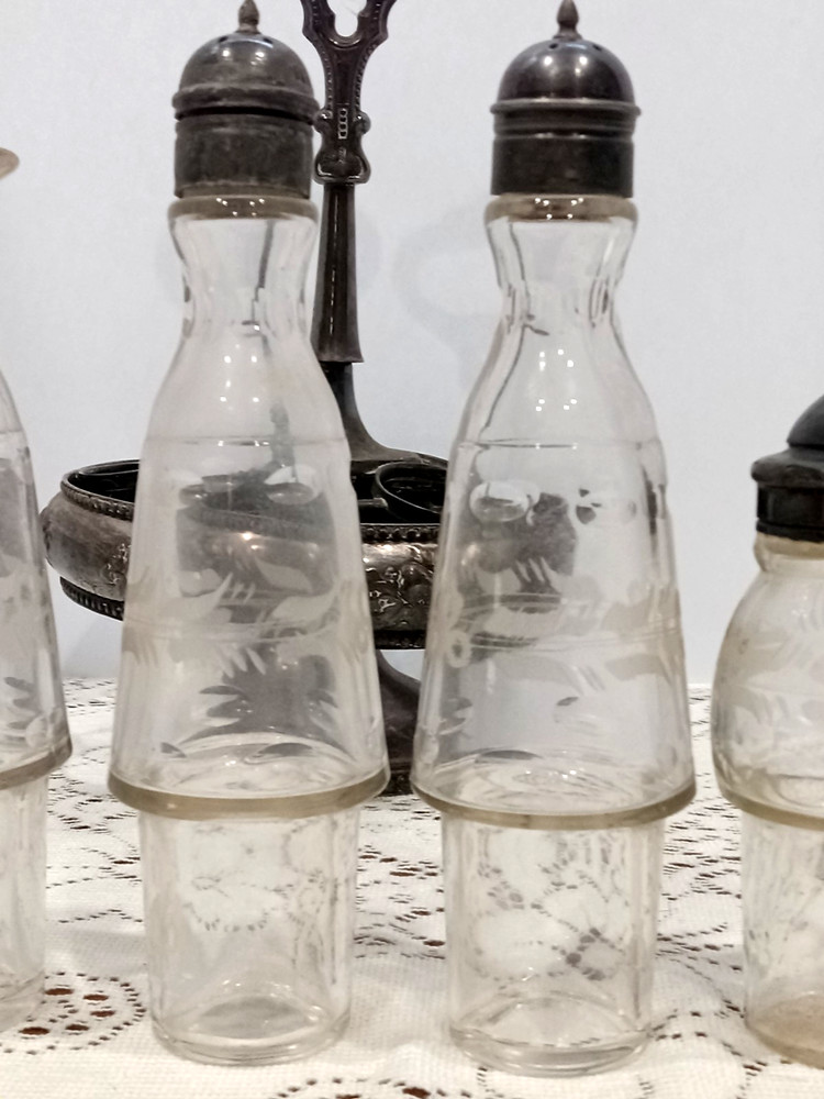 Victorian Condiment Castor Caddy 5 bottles plus two extras Silver Plate Etched