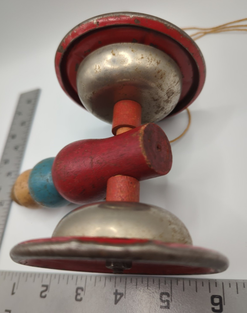 Antique Wooden Pull Toy Steel Wheels Ring When Pulled