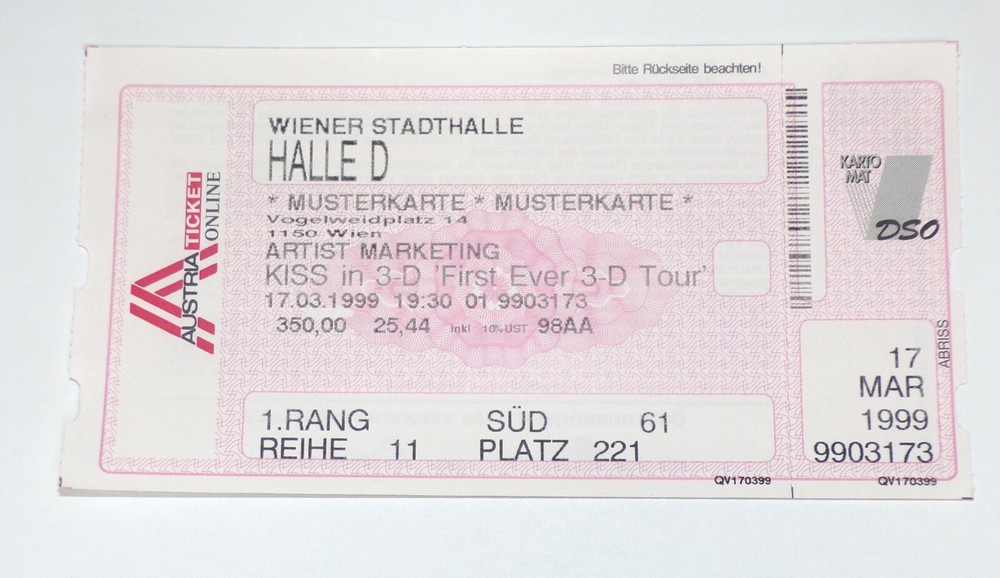 KISS Full Ticket Stub Psycho Circus Concert Tour Vienna Austria Vintage Kiss