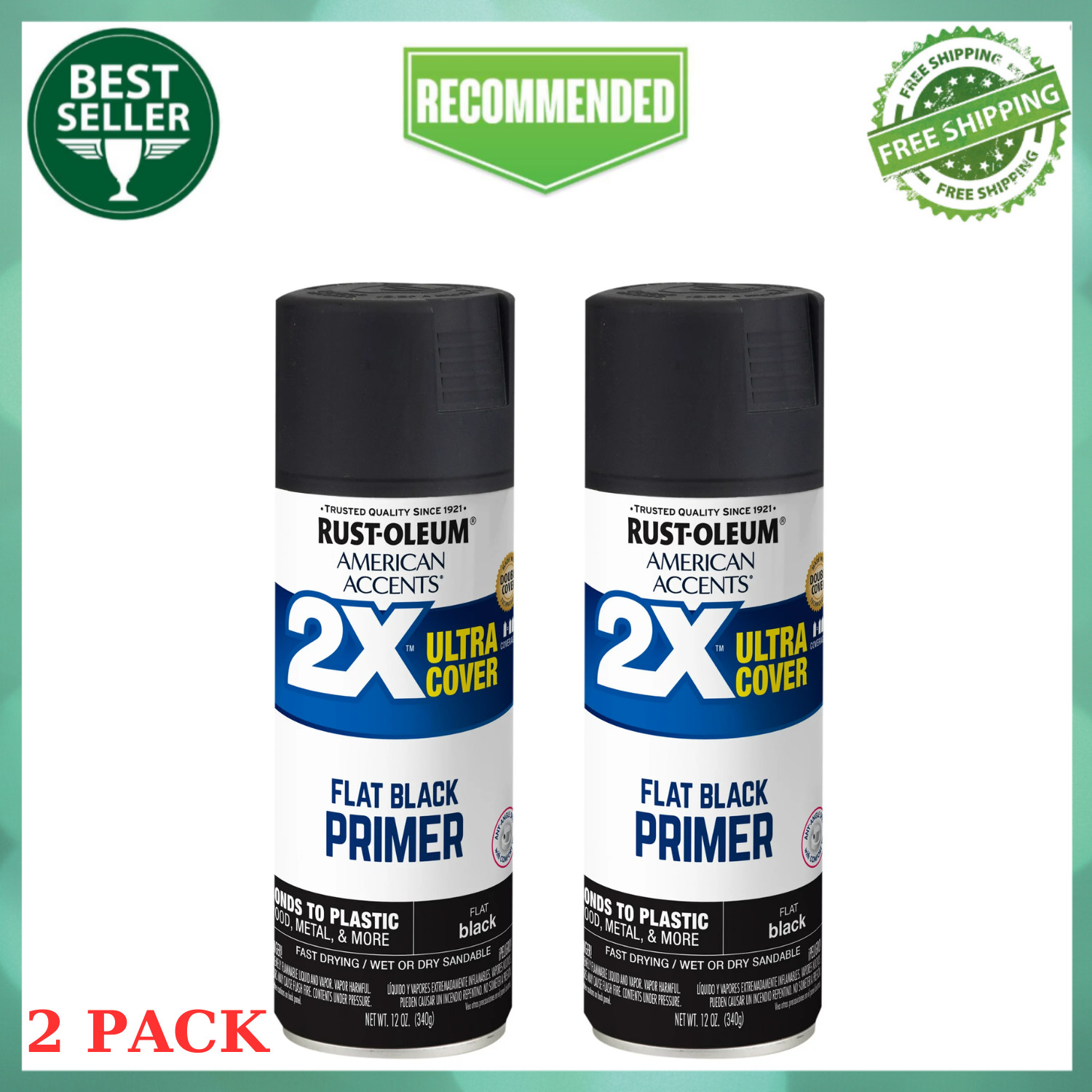 (2 Pack) Black Primer, American Accents 2X Ultra Cover Flat Spray Paint - 12 oz