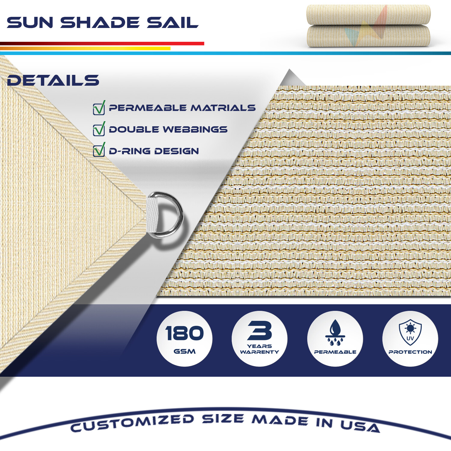 Beige Rectangle Sun Shade Sail Fabric Awning Top Canopy Patio Custom 2-16 FT