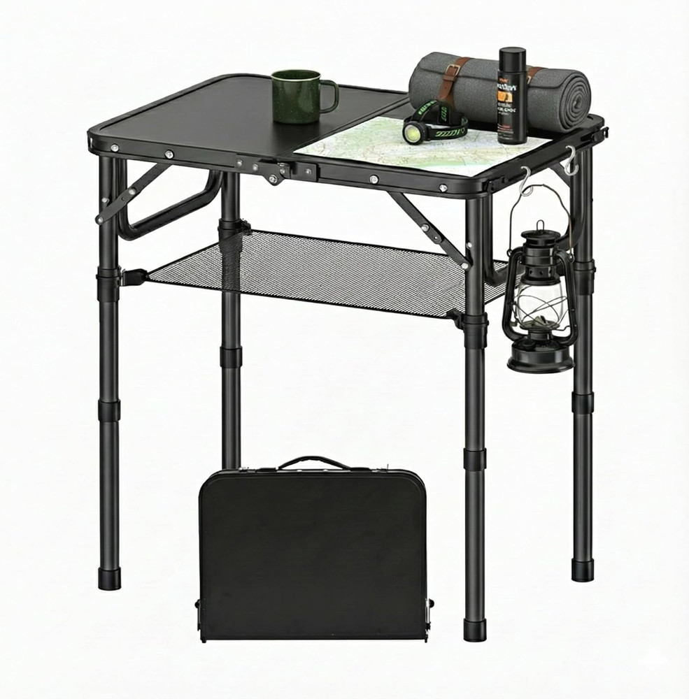 Small Folding Camping Table with Storage Net, 3 Adjustable Heights Foldable Tabl