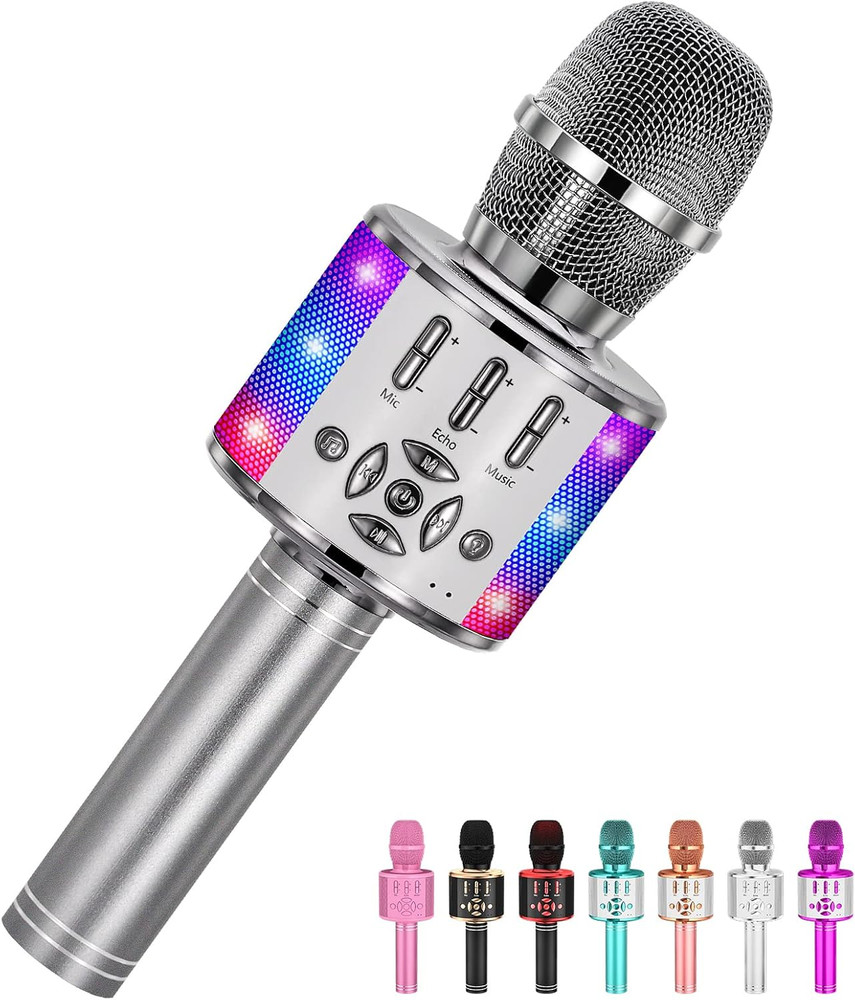 Kids Bluetooth Karaoke Microphone Wireless Handheld Speaker LED Lights Gray