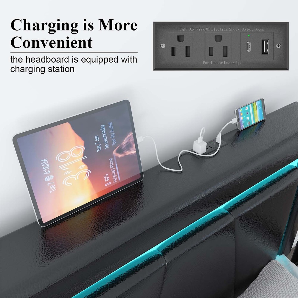 Full/Queen Bed Frame with 4 Storage Drawers and LED Lights