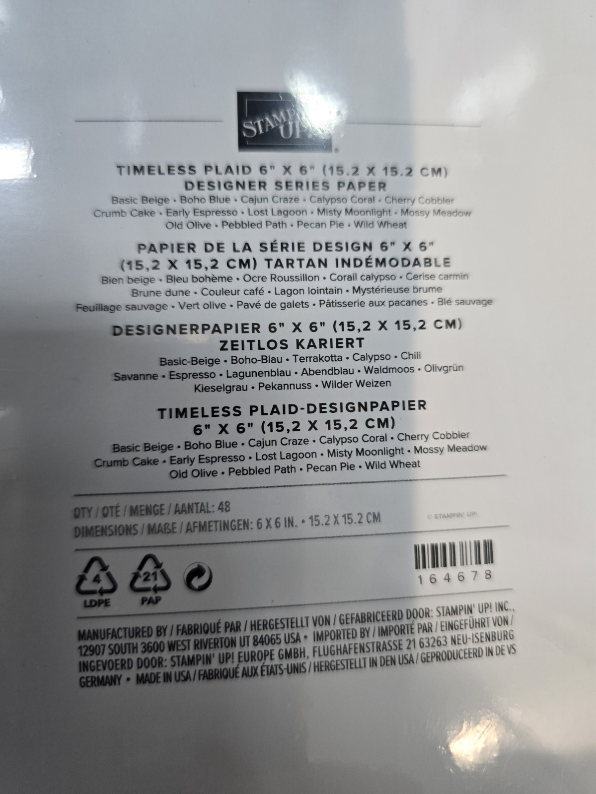 Stampin’ UP! "TIMELESS PLAID" DSP 48 sheets 6 X 6 DSP - Retired - FREE SHIPPING