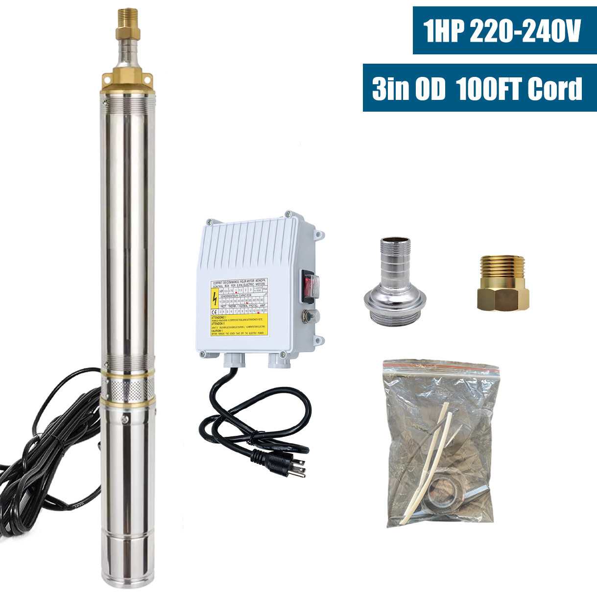 3'' OD 1HP Deep Well Submersible Pump 230V 13GPM 247ft Stainless Steel 100' Cord
