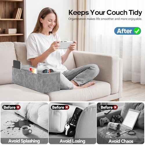 Sofa Armrest Couch Caddy with Cup Holder, Insertable/Removable (1-Pack) Gray