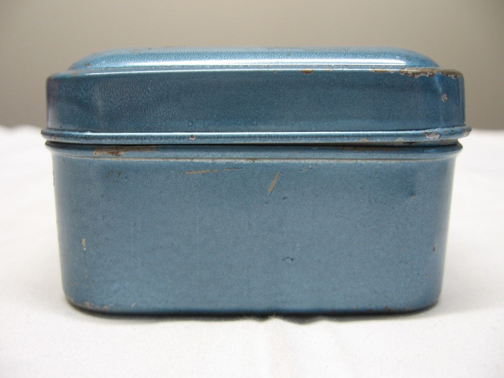 Vintage Empty Sewing Machine Accessories Tin Hinged Lid Box Blue