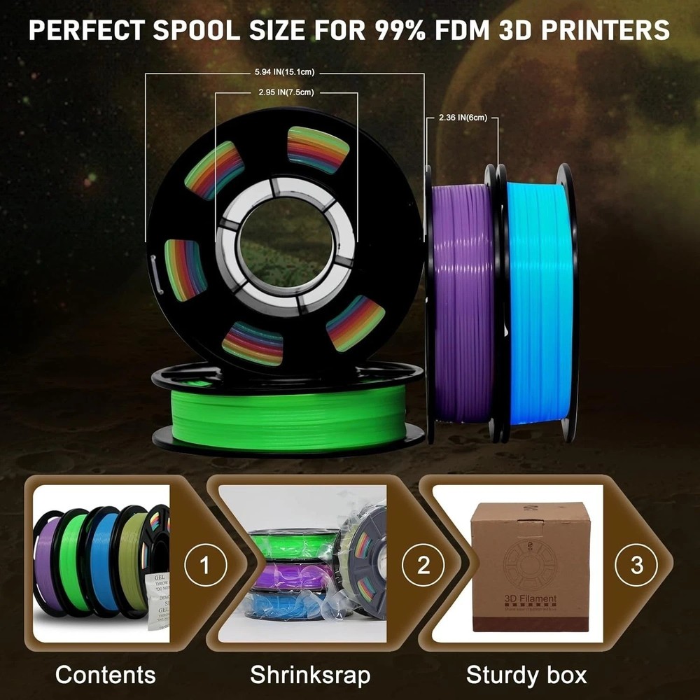 3D Printer Filament Bundle Glow in Dark Multicolor PLA 1.75mm 4 Pack