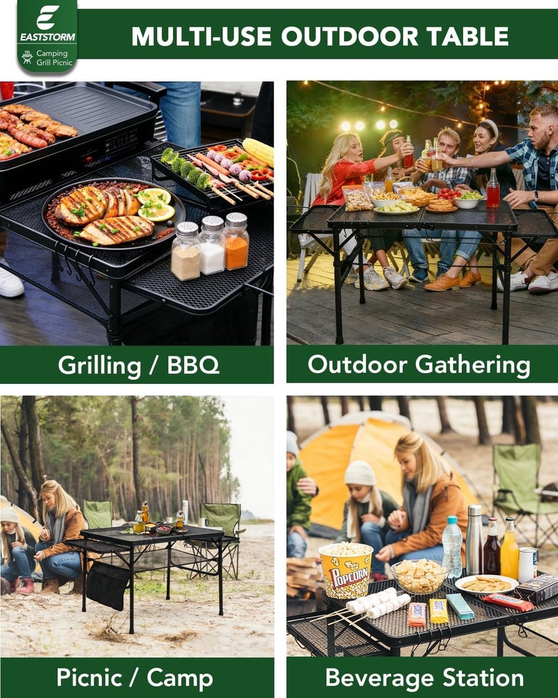 3ft Folding Camping Table W/Wing Panels Adjustable Height Metal Grill Prep Table