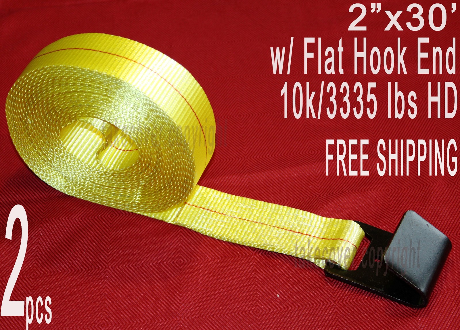 Two (2x) 2" x 30' Winch Straps w/ Flat Hook End Tiedown Trailer Flatbed Truck