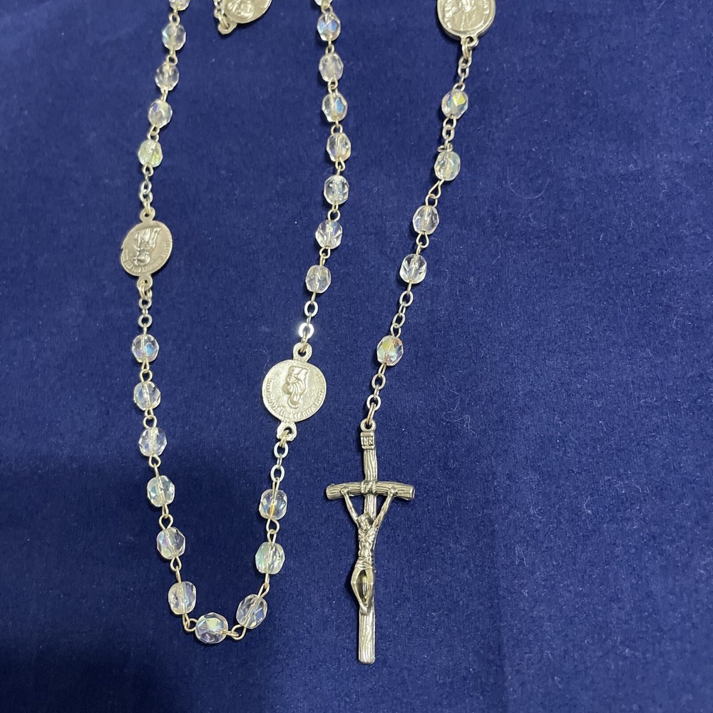 Crucifix Bead Necklace 20" Long Silver Tone w/Light Blue Beads