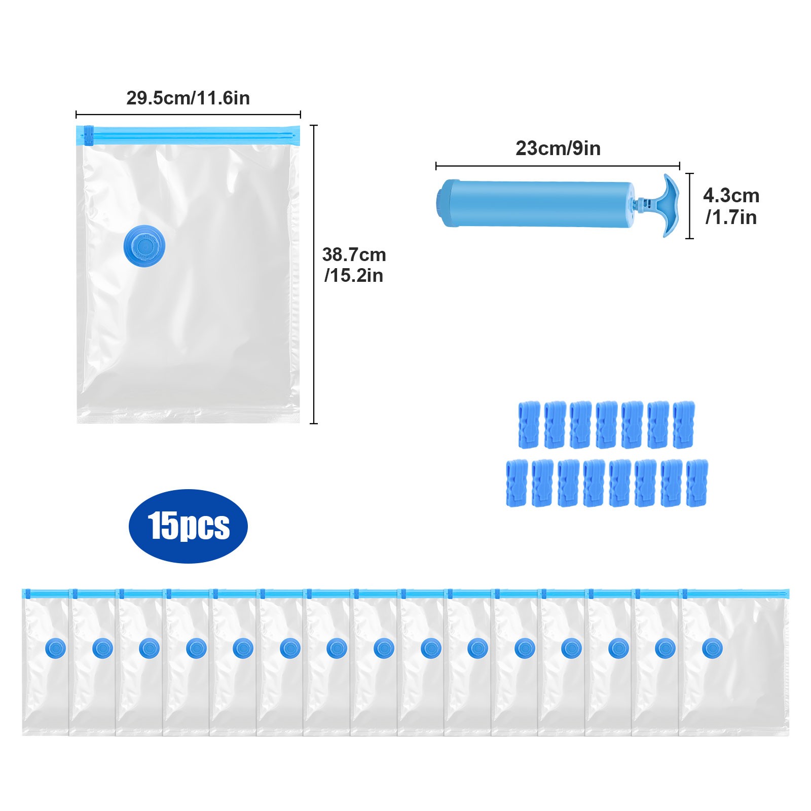 15PCS Vacuum Storage Bags with Hand Pump Space Saver Compression Clothes Luggage