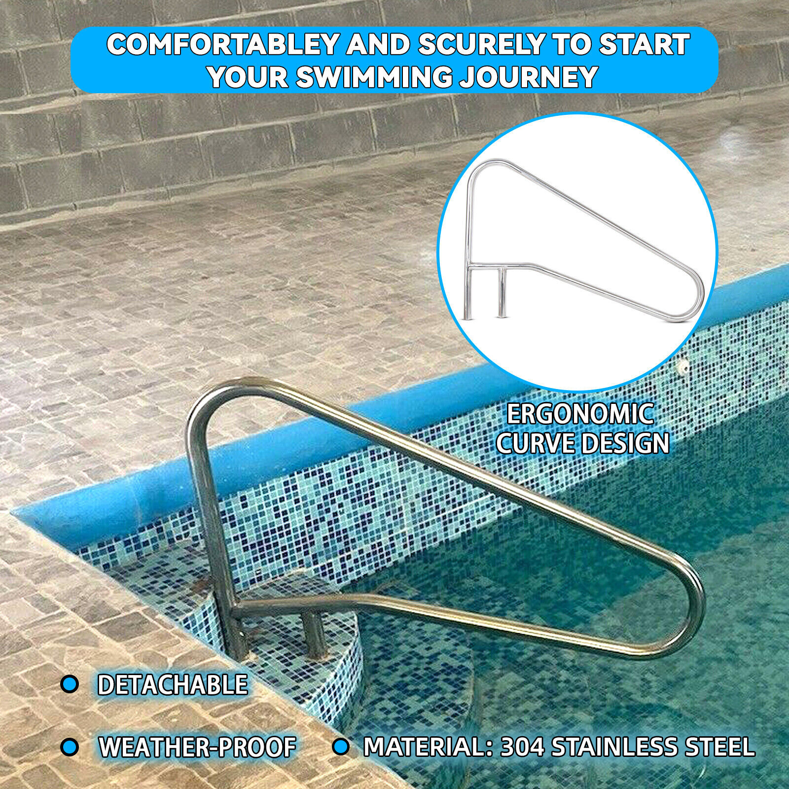 Pool Handrail Cross Braced Deck Mounted Step Stair Rail Stainless steel 50"x 36"