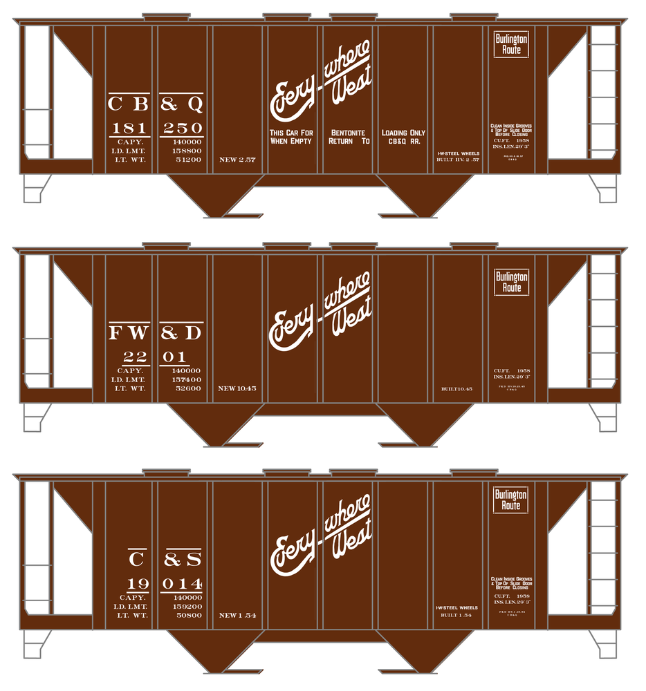 K4 HO Scale Decals Burlington CB&Q Two Bay Covered Hopper White Script Lettering