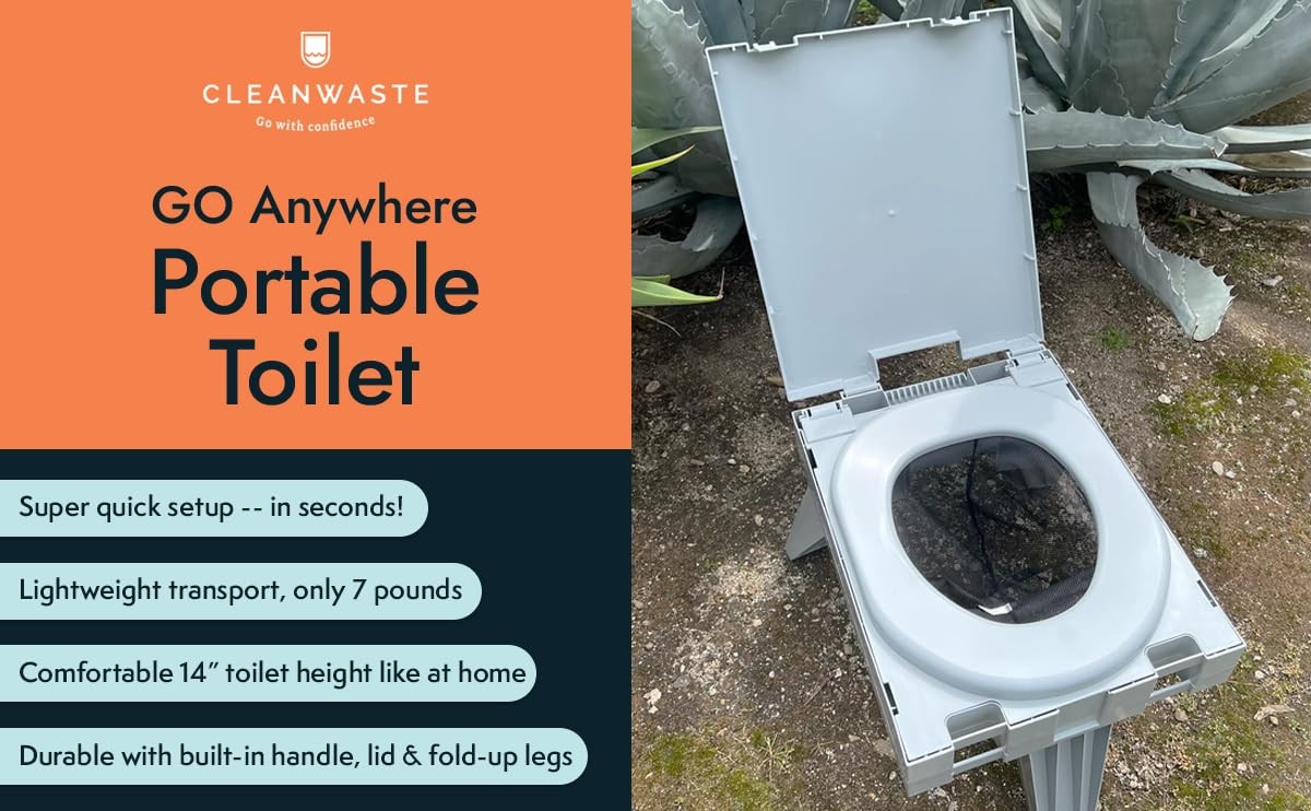Cleanwaste GO Anywhere Portable Folding Toilet + Bonus Original Wag Bag Kit