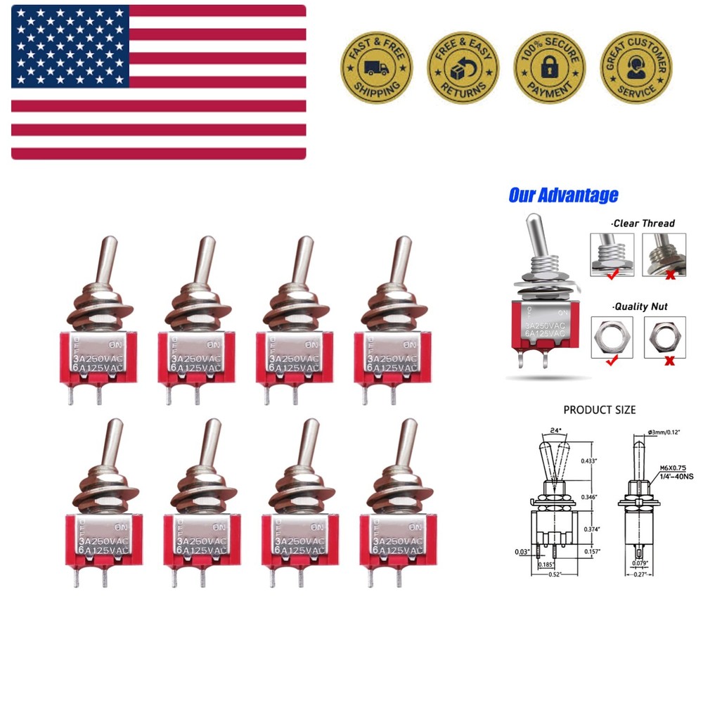 8pcs SPST Mini Toggle Switch Miniature ON/Off Switch 2 Terminal 2 Position 6A...