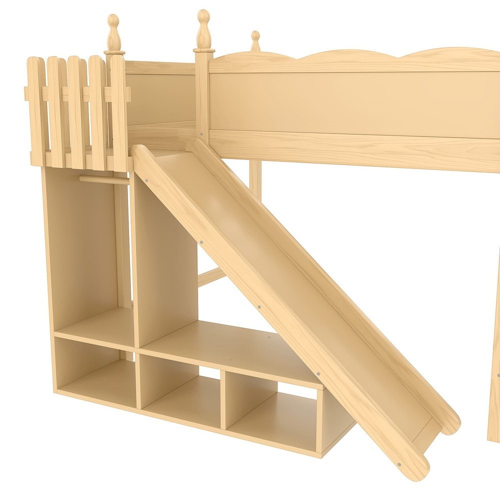 Full Solid Wood Loft Bed Frame with Storage Shelves Wardrobe & Detachable Slide