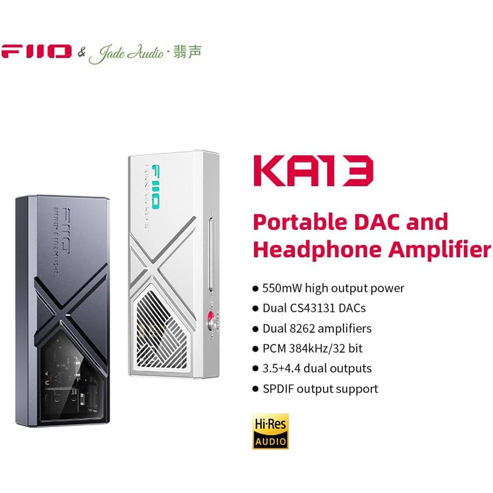 FiiO/JadeAudio KA13 Portable DAC Dongle, USB-C Adapter, Android/iOS/PC (Silver)