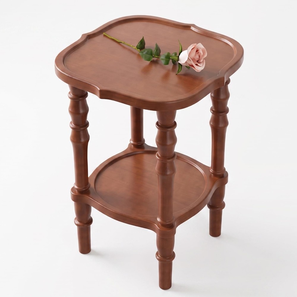 100% Solid Wood Side Table, Vintage 2-Tier Small Round End Table, Nightstand ...