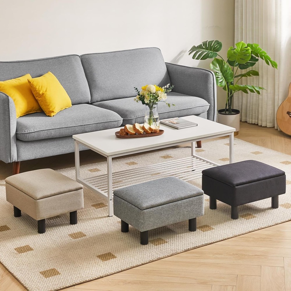 Storage Ottoman Footrest Stool with Linen Fabric, Rectangular, Flip Top Lid, ...