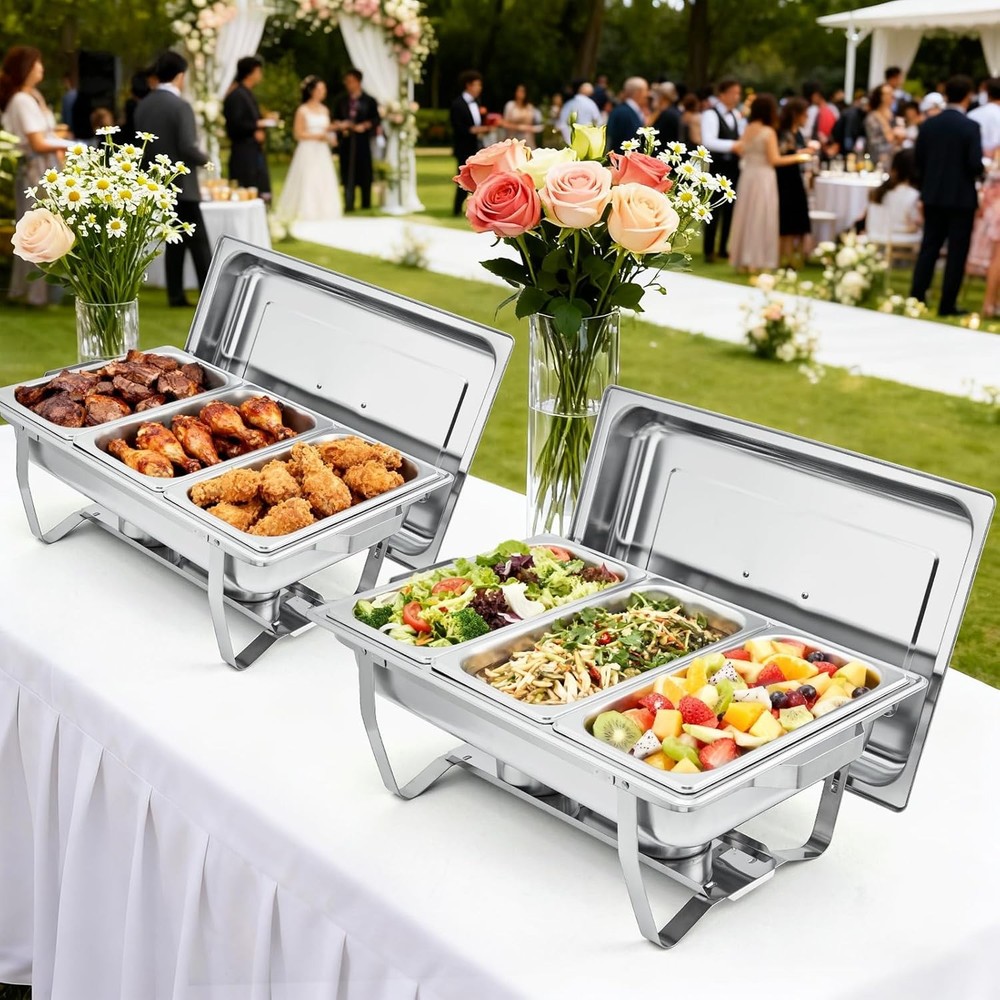 4-Pack 3-Well Chafing Dish Buffet Set, Stainless Steel Rectangular Chafing Dish