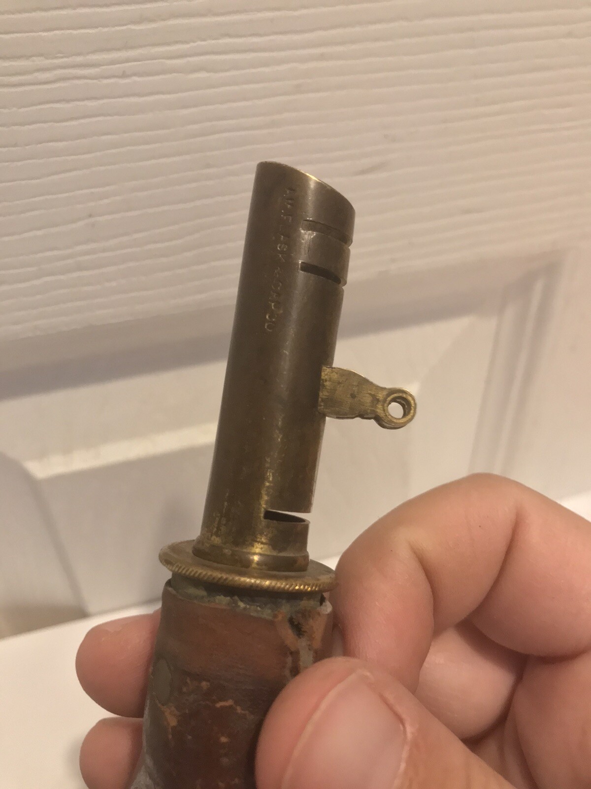 CIVIL WAR PERIOD LEATHER POWDER FLASK ( MARKED AM FLASK & CAP CO )