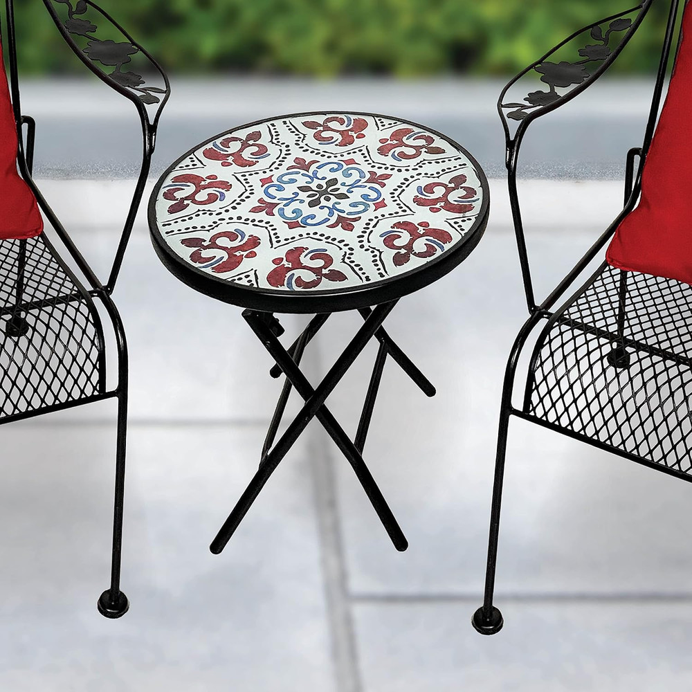 Folding Glass Patio Side Table-Mosaic Pattern-18 Inch