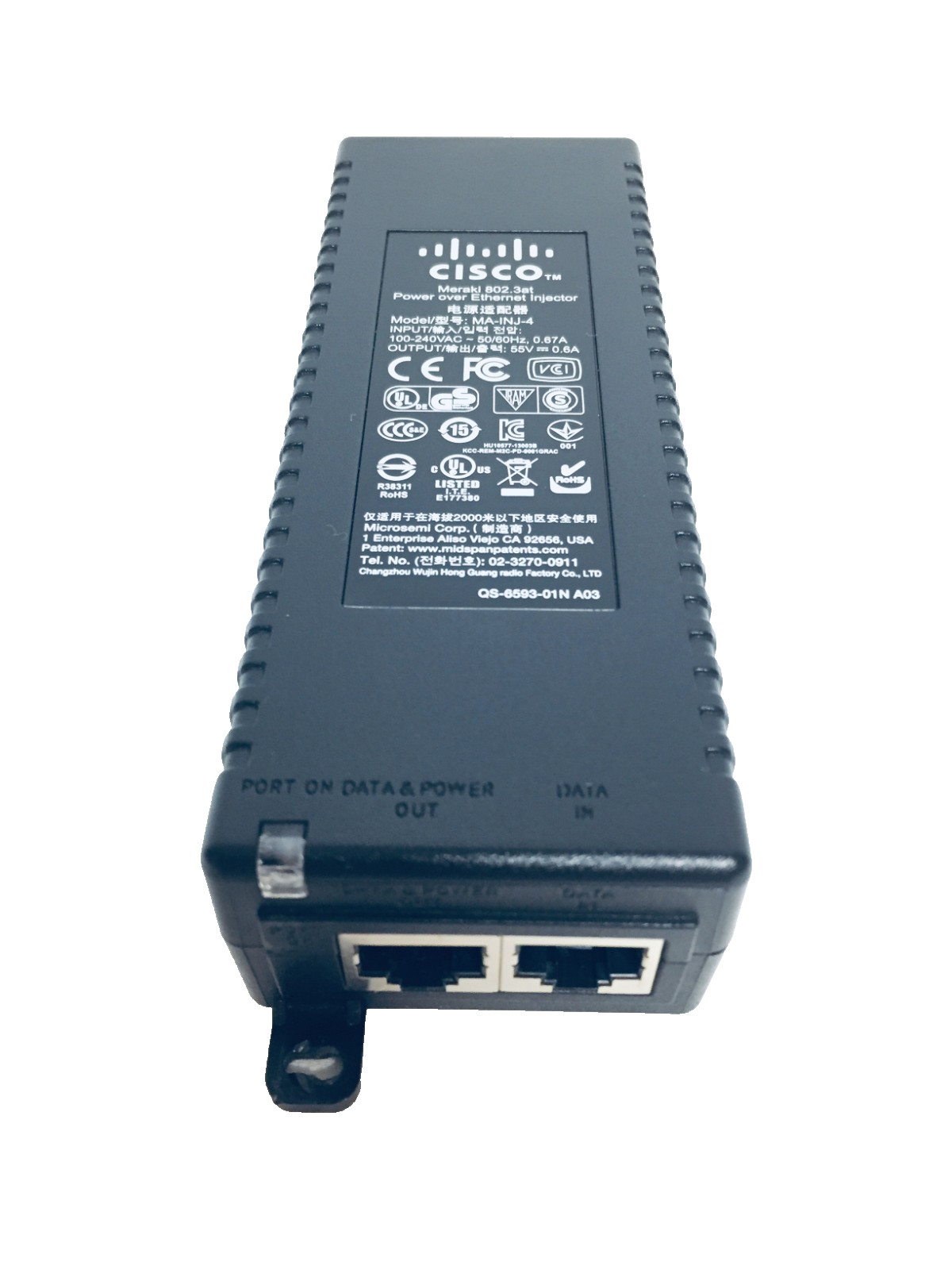 Original Cisco Meraki MA-INJ-4-US Power Injector 802.3at PoE 55V