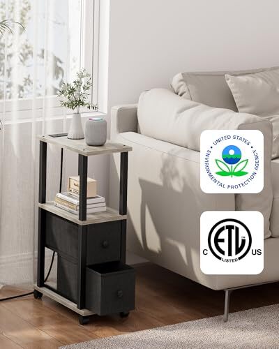 End Table with Charging Station, Narrow Side Table with 2 Fabric Greige