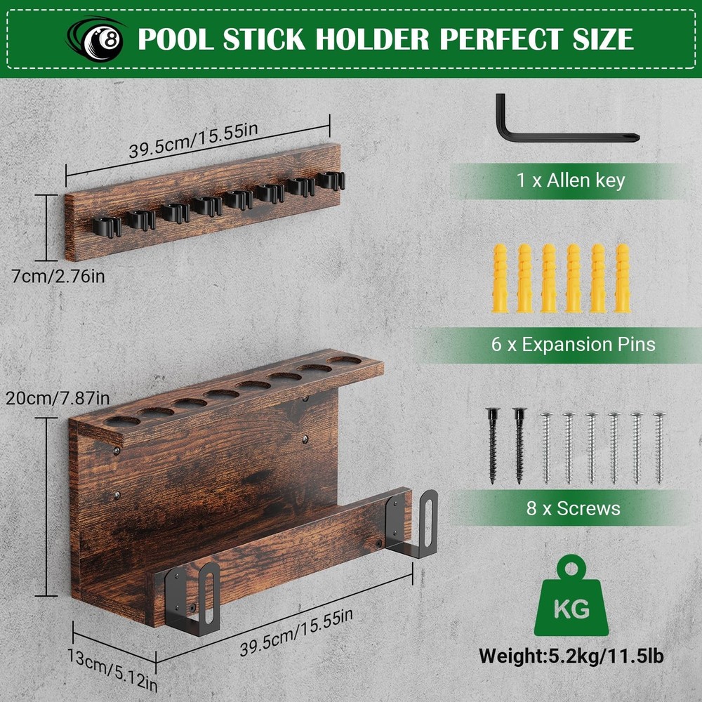 Wall Mount Pool Stick Holder, Billiards Pool Cue Rack Pool Table Accessories,...