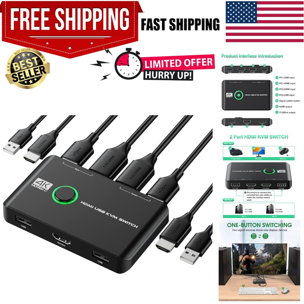 4K HDMI KVM Switch Box for 2 Computers - Effortless Control & Stunning Visuals