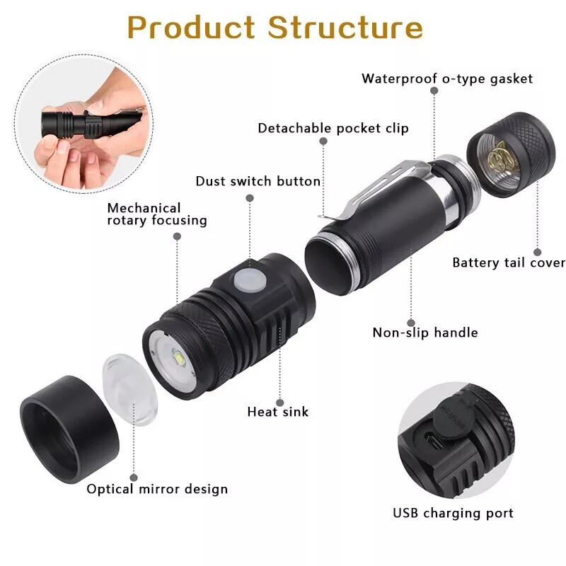 2pcs Chargeable Super Bright LED Tactical Flashlight Zoom Tactical Flashlight US