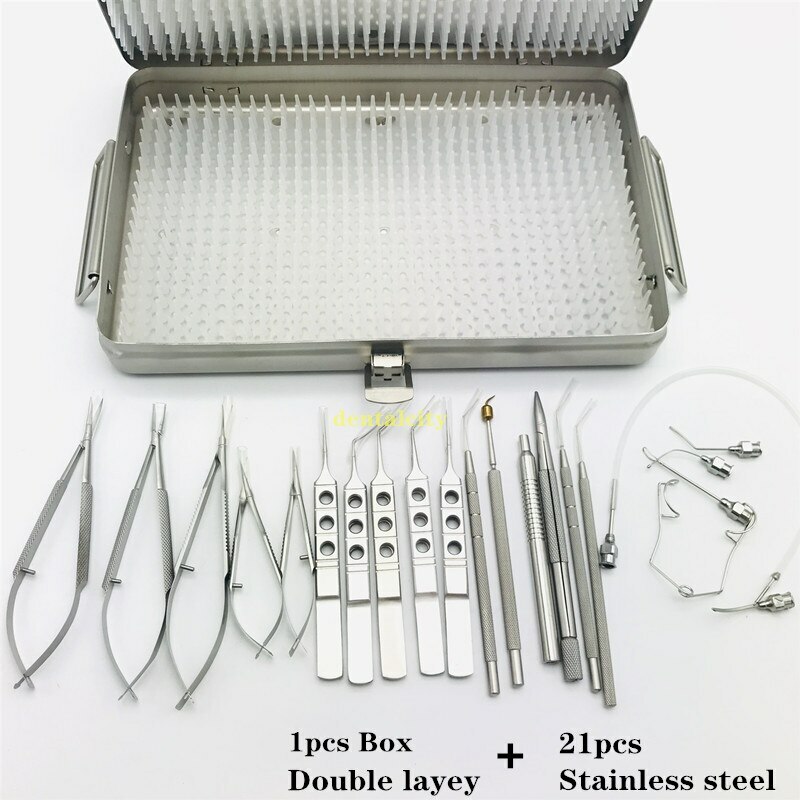 21PCS Ophthalmic Cataract Set Eye Micro Surgery with sterilization tray box case