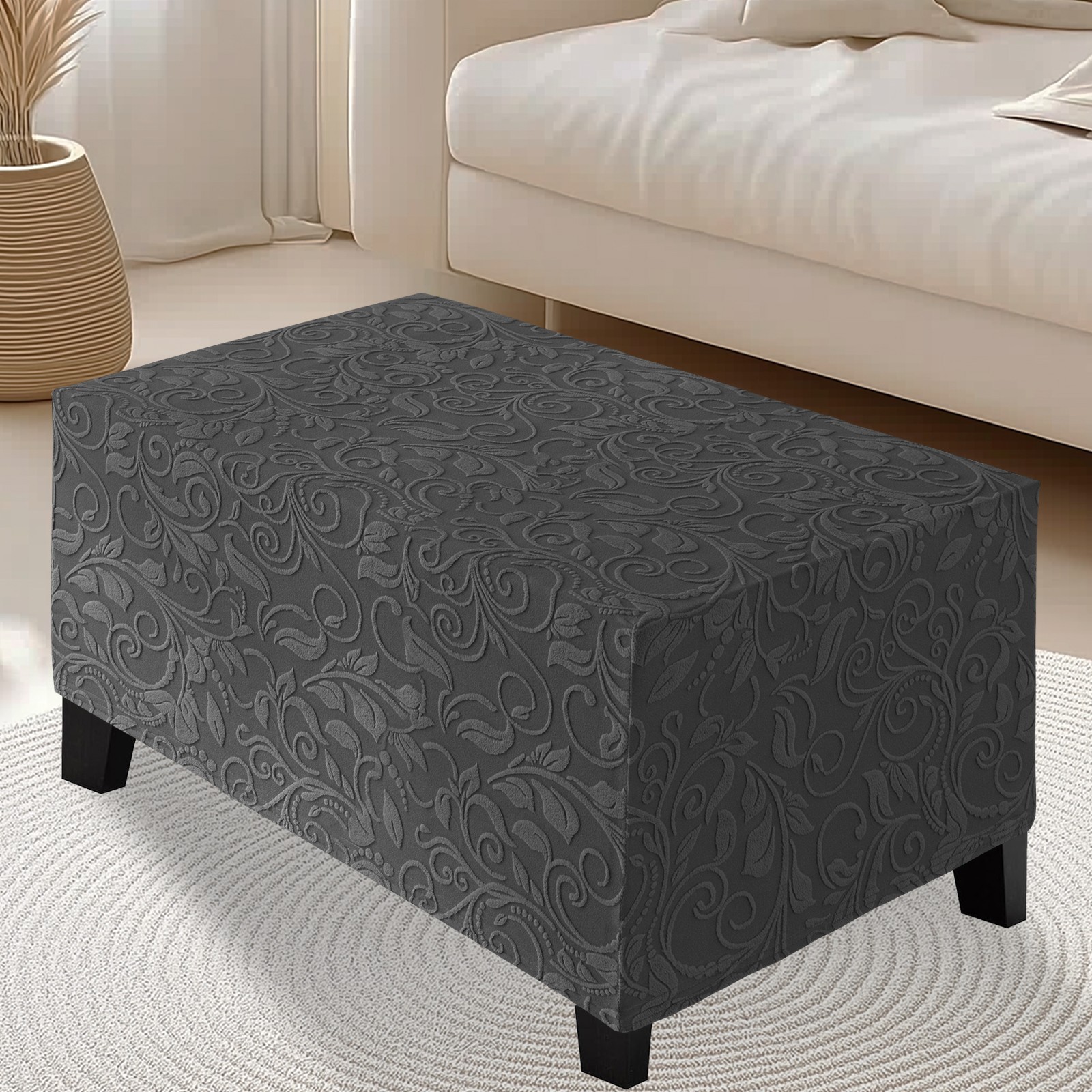 Stretch Jacquard Ottoman Cover Square Rectangle Footstool Cover Slipcover L/XL