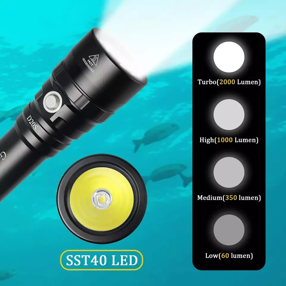 Dive Light, D20S 2000 Lumen Super Bright Scuba Diving Flashlight, Rechargeable D