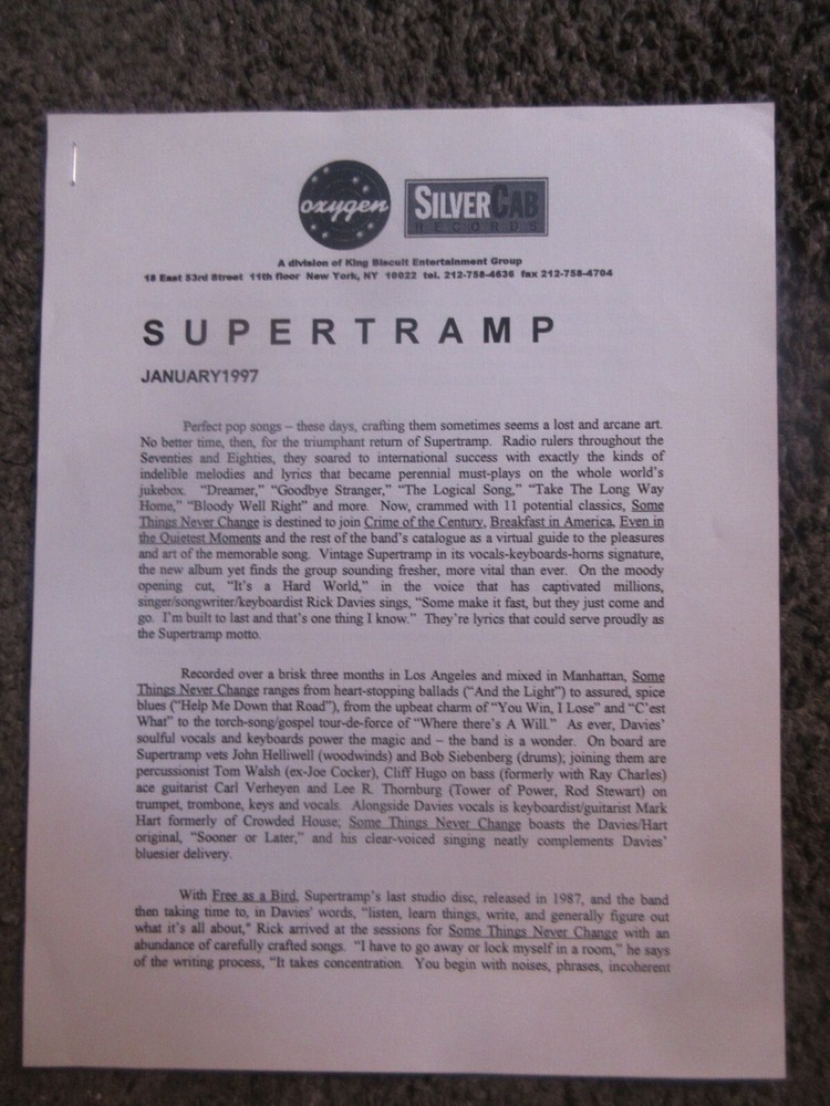 SUPERTRAMP "SOME THINGS NEVER CHANGE" 1997 OXYGEN/SILVERCAB 3 PAGE PRESS KIT