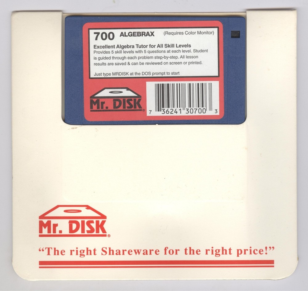 Mr. Disk 700 ***ALGEBRAX*** - Excellent Algebra Tutor 3.5" Floppy Disk Shareware