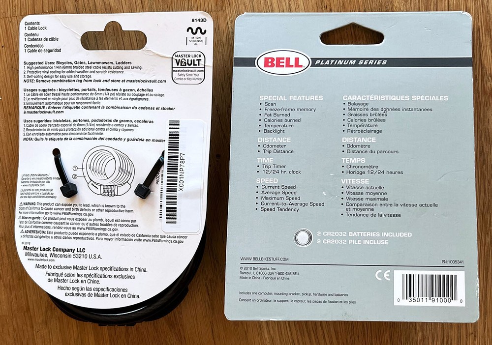 Master 4' Combination Cable Lock 8143D / Bell Cyclocomputer Combo / New