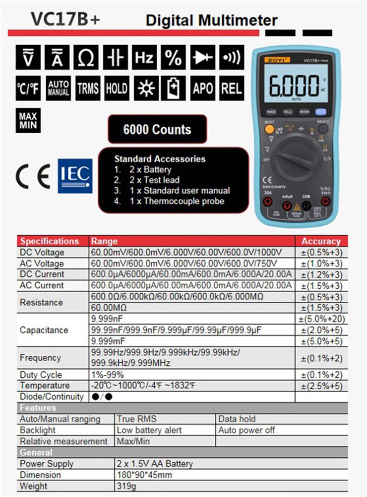 VC17B+ Digital Multimeter 6000 Counts Multitester Digital Transistor Tool