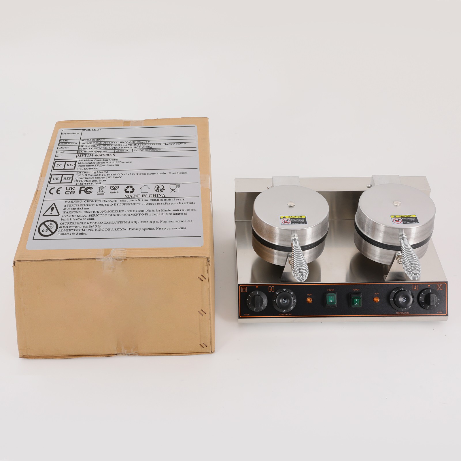 Dual Heating Plates Waffle Maker 2.4kW Adjustable Temp/Time Non-Stick Mold