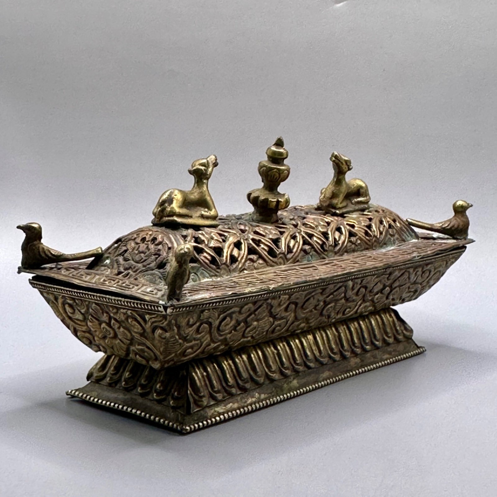 Nepal Tibetan Buddhist Incense Burner Brass & Copper Animal Finials Birds Motifs