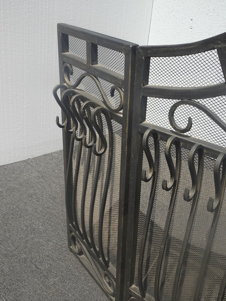 Vintage Spanish Style Black Iron Three Panel Fireplace Screen
