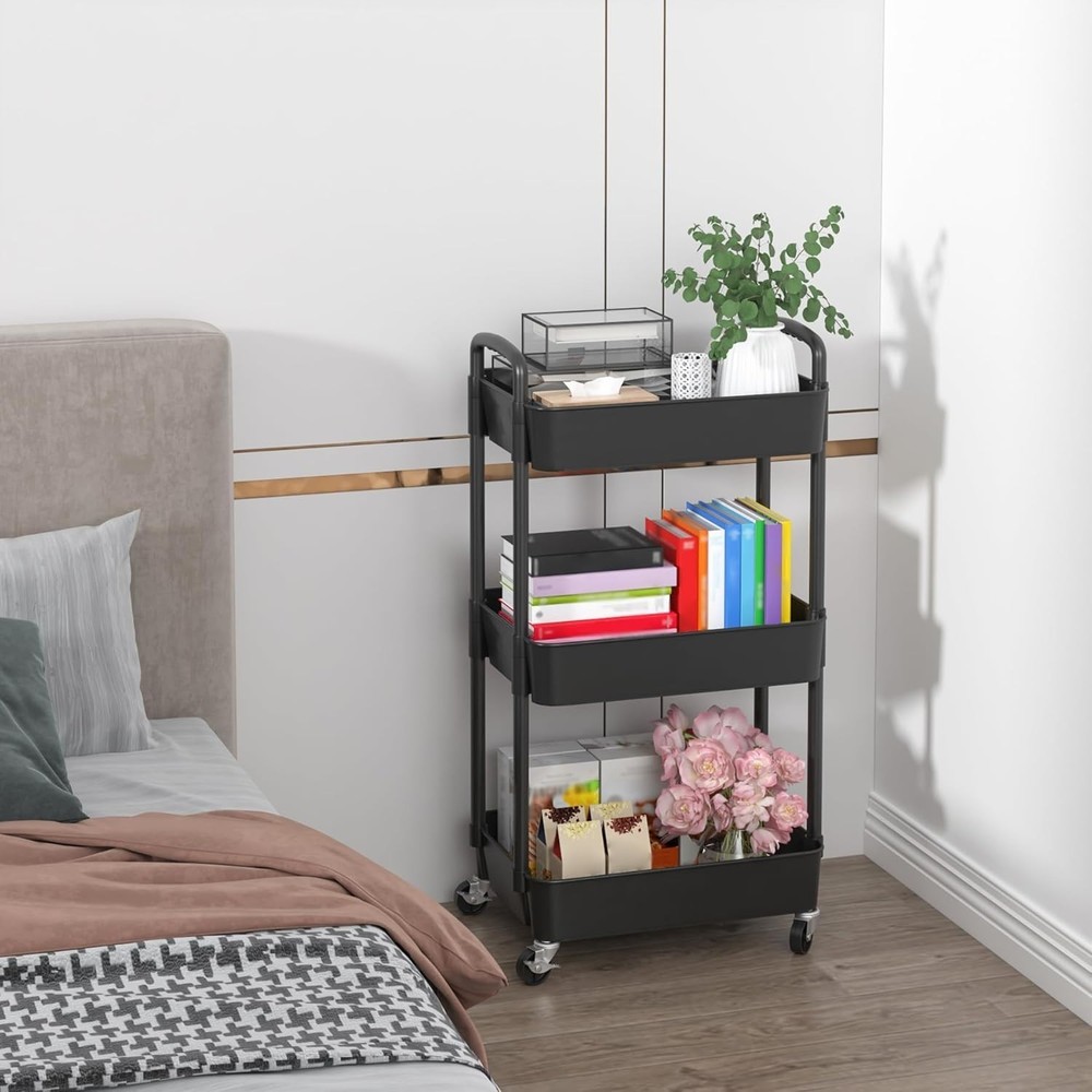 Black Multi-Functional Rolling Cart with Lockable Wheels - Perfect for Any Space