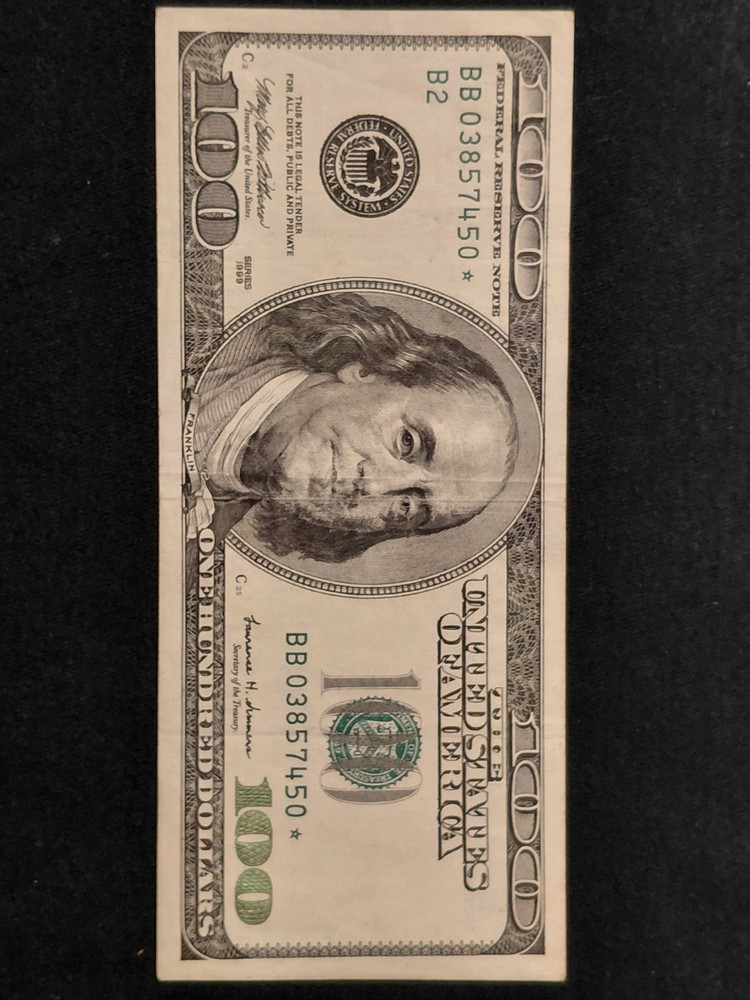 1999 $100 *Star Note* With Bleed-Through Ink Error.